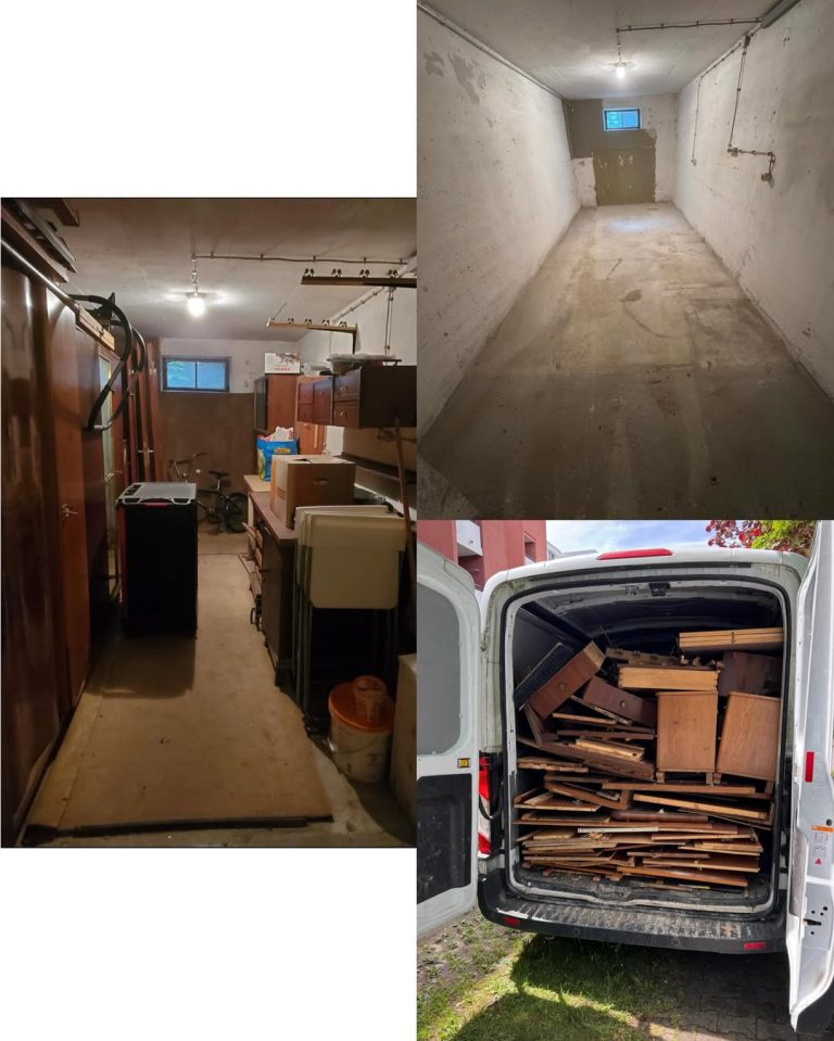 Kellerprojekt in Leinfelden-Echterdingen: links Holzmöbel vor der Räumung, oben rechts der geräumte Raum, unten rechts die verladenen Holzteile