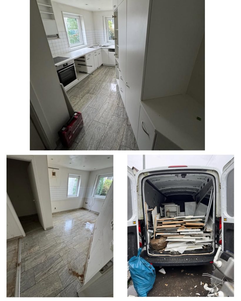 Collage einer Küche: oben die Küchenzeile, unten links der Raum ohne Küchenmöbel, unten rechts die abgebauten Teile im Transporter